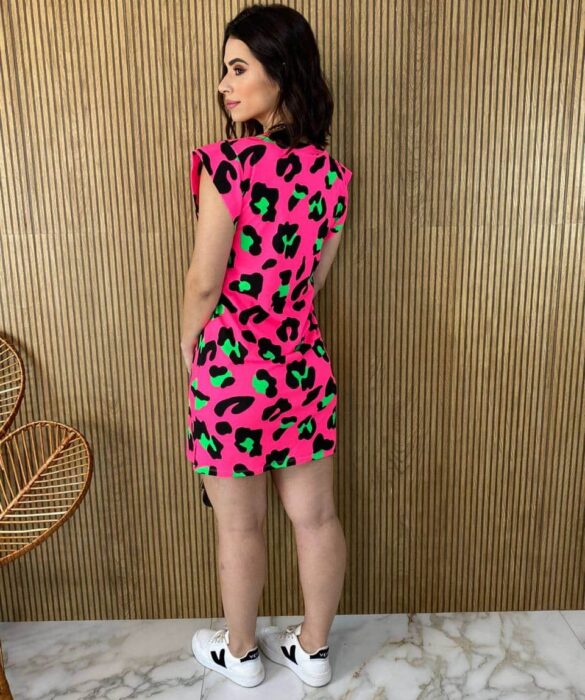 Vestido Feminino Fundo Pink Estampa Animal Print - Fernanda Ramos Store