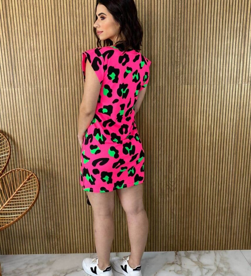 Vestido Feminino Fundo Pink Estampa Animal Print - Fernanda Ramos Store