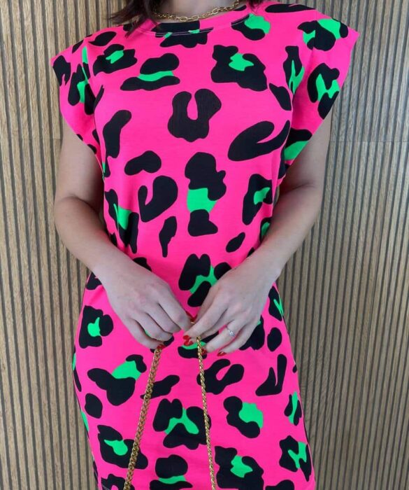 Vestido Feminino Fundo Pink Estampa Animal Print - Fernanda Ramos Store