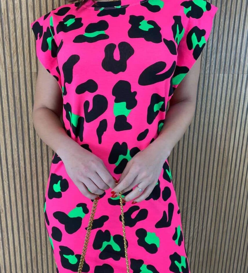 Vestido Feminino Fundo Pink Estampa Animal Print - Fernanda Ramos Store
