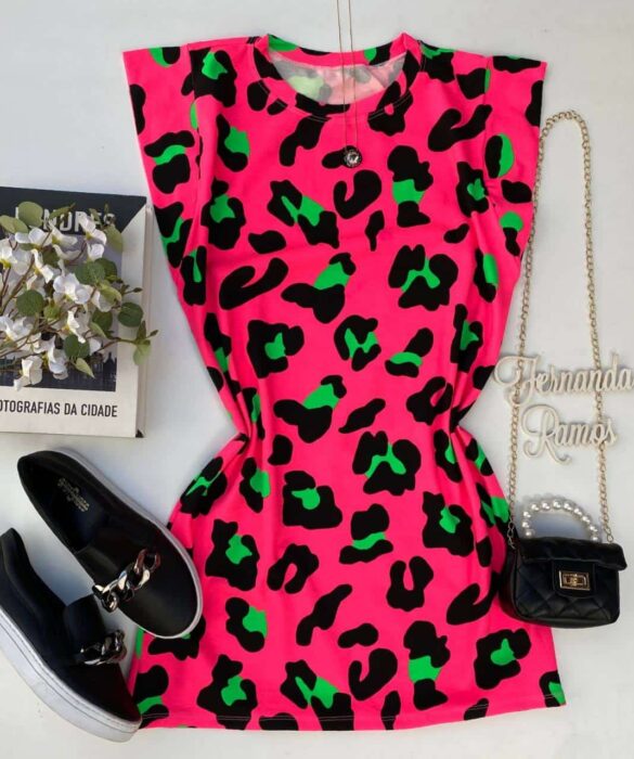 Vestido Feminino Fundo Pink Estampa Animal Print - Fernanda Ramos Store