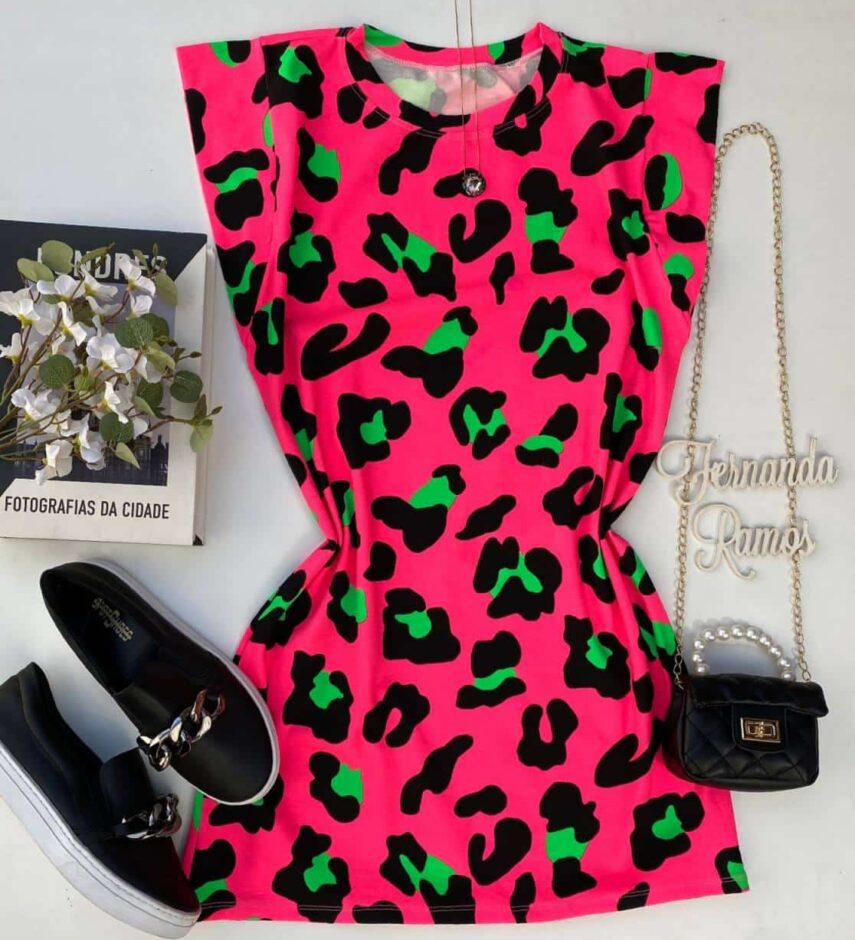 Vestido Feminino Fundo Pink Estampa Animal Print - Fernanda Ramos Store