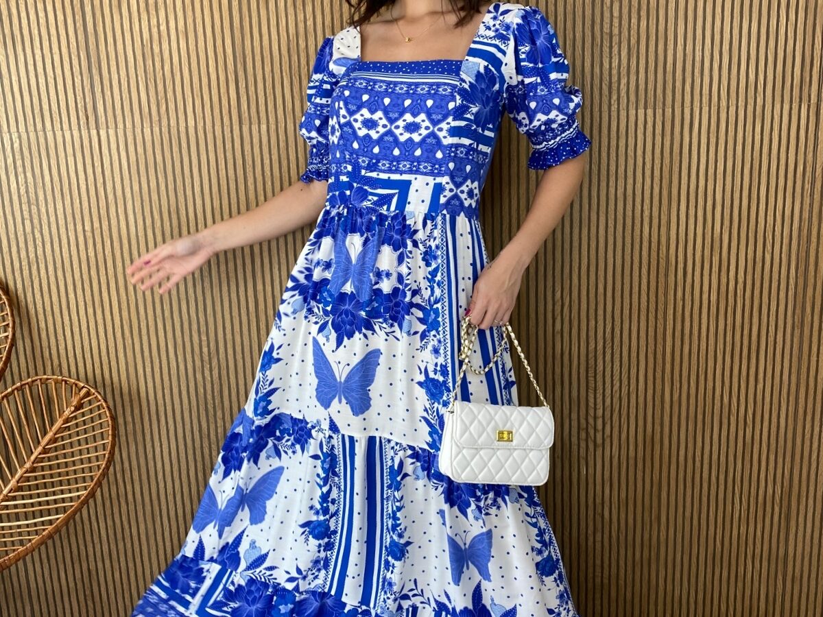 Vestido Longo sem Bojo Estampado Borboletas Laranja - Fernanda