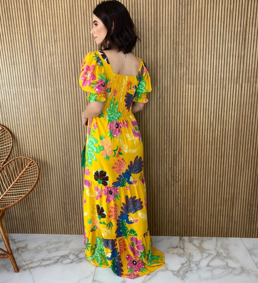 Vestido Longo sem Bojo Estampa Tropical Fundo Mostarda - Fernanda Ramos Store