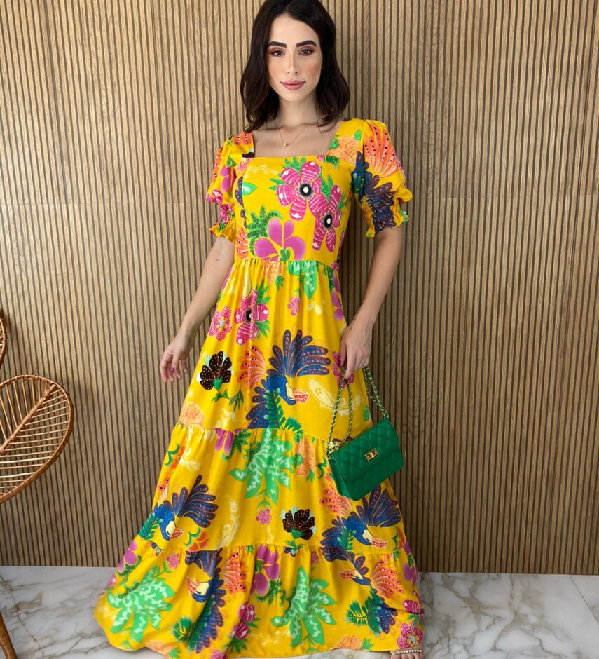 Vestido Longo sem Bojo Estampa Tropical Fundo Mostarda - Fernanda Ramos Store