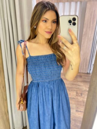 Vestido Longo Luana Alças com Amarração e Lastex Jeans - Fernanda Ramos Store