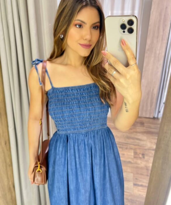 Vestido Longo Luana Alças com Amarração e Lastex Jeans - Fernanda Ramos Store