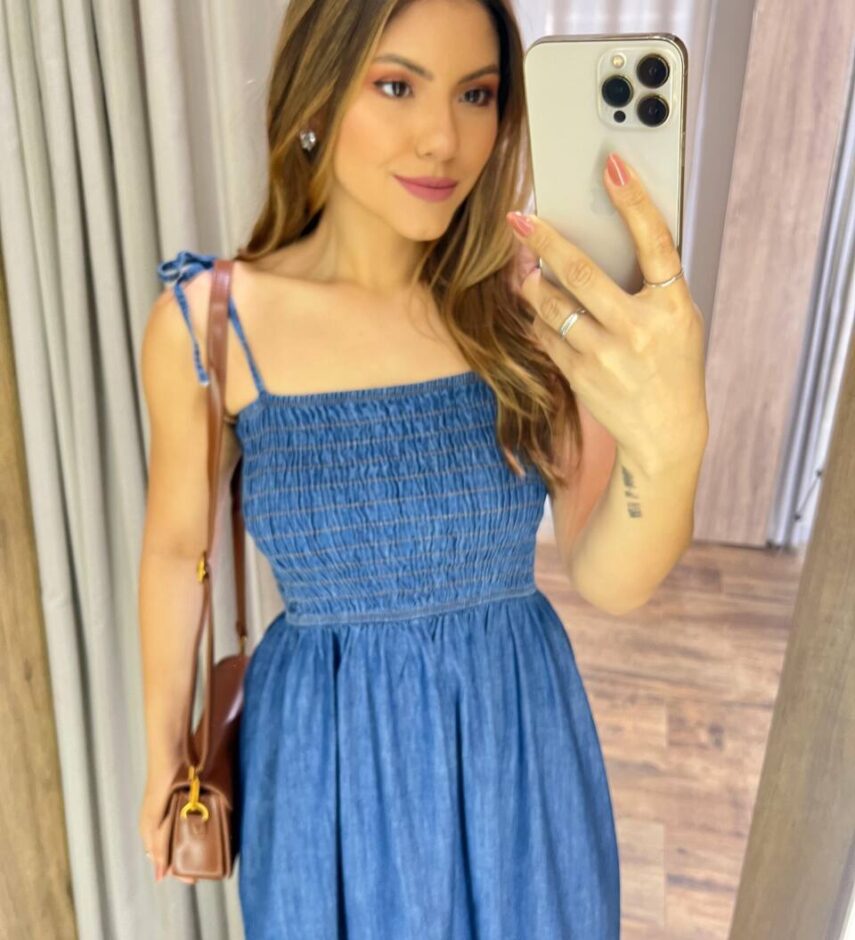 Vestido Longo Luana Alças com Amarração e Lastex Jeans - Fernanda Ramos Store