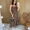 Vestido Midi com Bojo Alça Regulável com Botões Animal Print Escuro fernanda ramos store