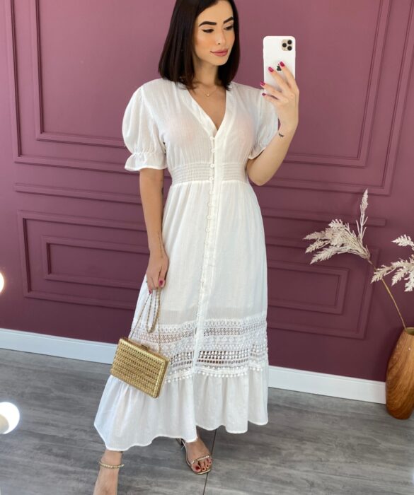 vestido midi com detalhe em guipir sem bojo com lastex e botoes branco fernanda ramos store