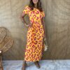 vestido midi de malha sem bojo animal print amarelo e pink fernanda ramos store