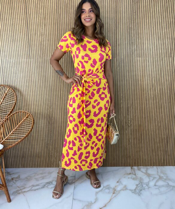 vestido midi de malha sem bojo animal print amarelo e pink fernanda ramos store