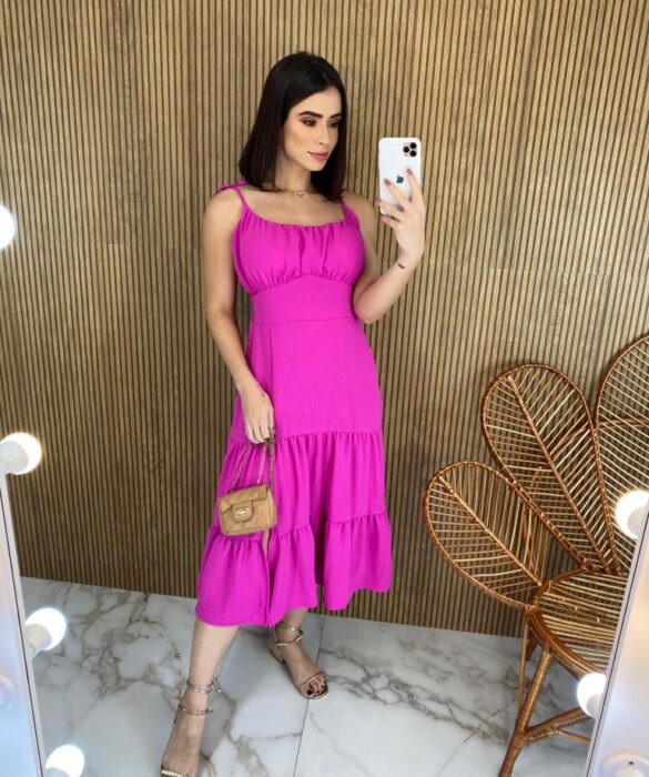 vestido pregas midi com bojo fucsia fernanda ramos store