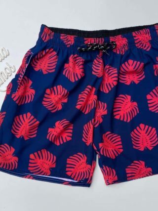 Bermuda Masculina Tactel Estampado Folhas Fundo Azul Fernanda Ramos Store