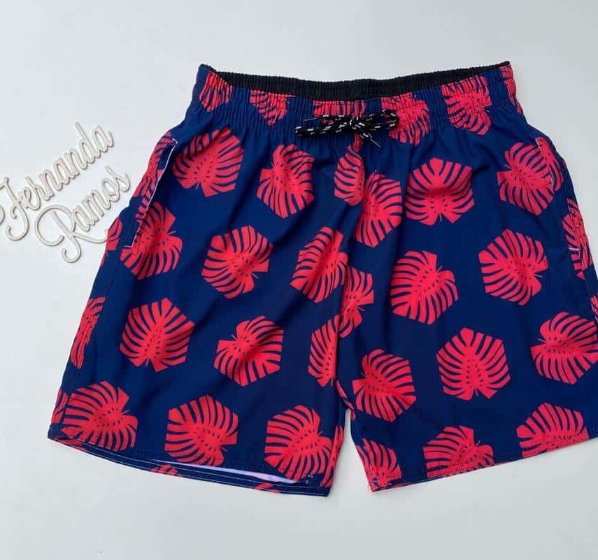 Bermuda Masculina Tactel Estampado Folhas Fundo Azul Fernanda Ramos Store