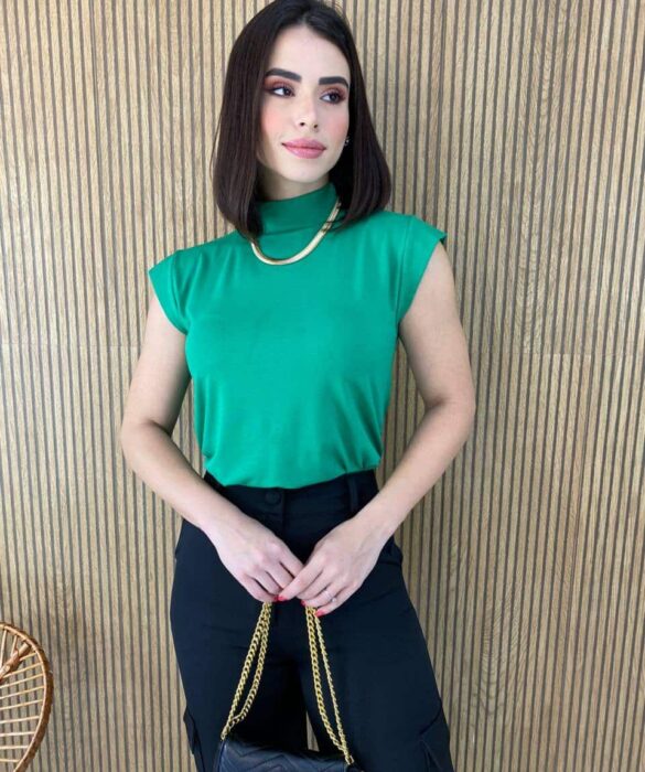 Blusa Feminina Malha Detalhe na Manga e Gola Verde Fernanda Ramos Store