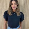 Blusa Feminina Malha Manga com Babados Preta - Fernanda Ramos Store