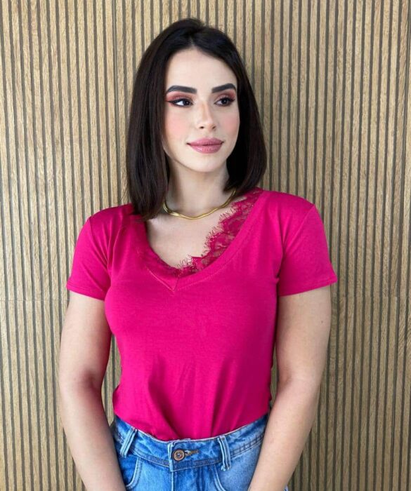 Blusa Feminina Manga Curta com Renda Pink Fernanda Ramos Store