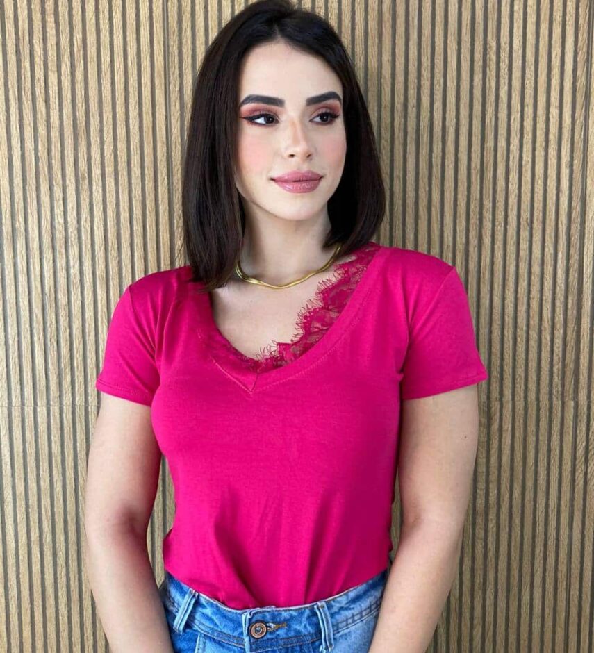 Blusa Feminina Manga Curta com Renda Pink Fernanda Ramos Store