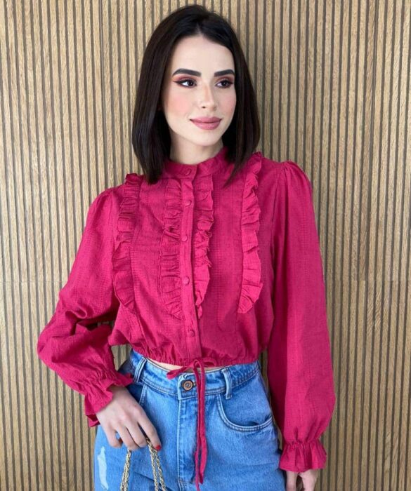 Blusa Feminina Manga Longa com Babado Rosa Escuro Fernanda Ramos Store