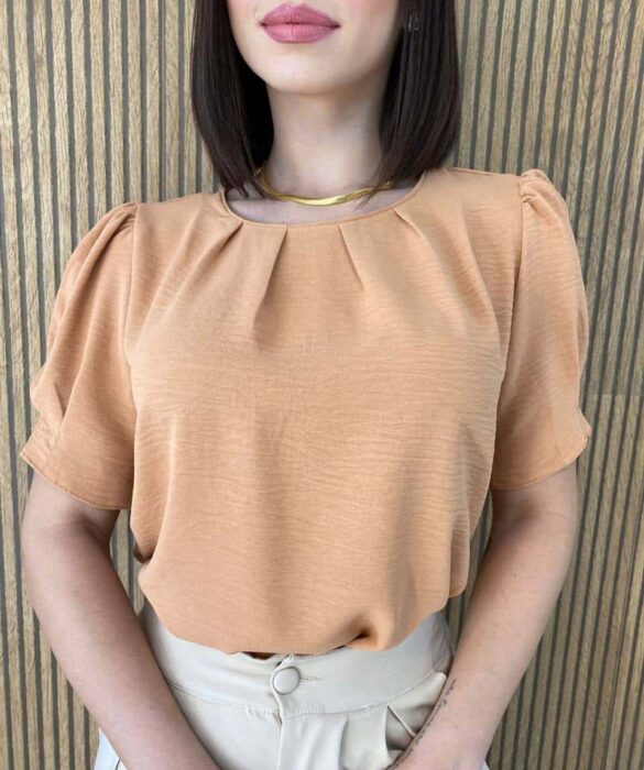 Blusa Feminina Manga Princesa com Pregas Caramelo - Fernanda Ramos Store