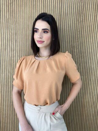 Blusa Feminina Manga Princesa com Pregas Caramelo - Fernanda Ramos Store