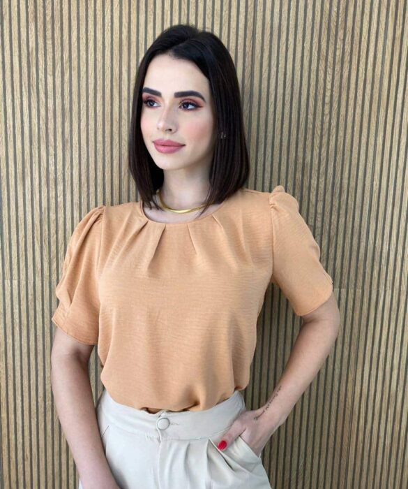 Blusa Feminina Manga Princesa com Pregas Caramelo - Fernanda Ramos Store