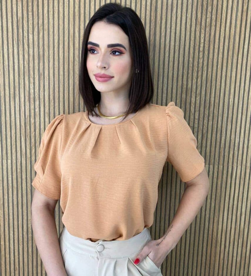 Blusa Feminina Manga Princesa com Pregas Caramelo - Fernanda Ramos Store