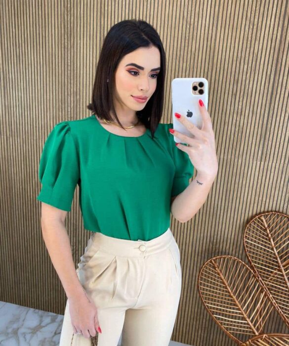 Blusa Feminina Manga Princesa com Pregas Verde Fernanda Ramos Store