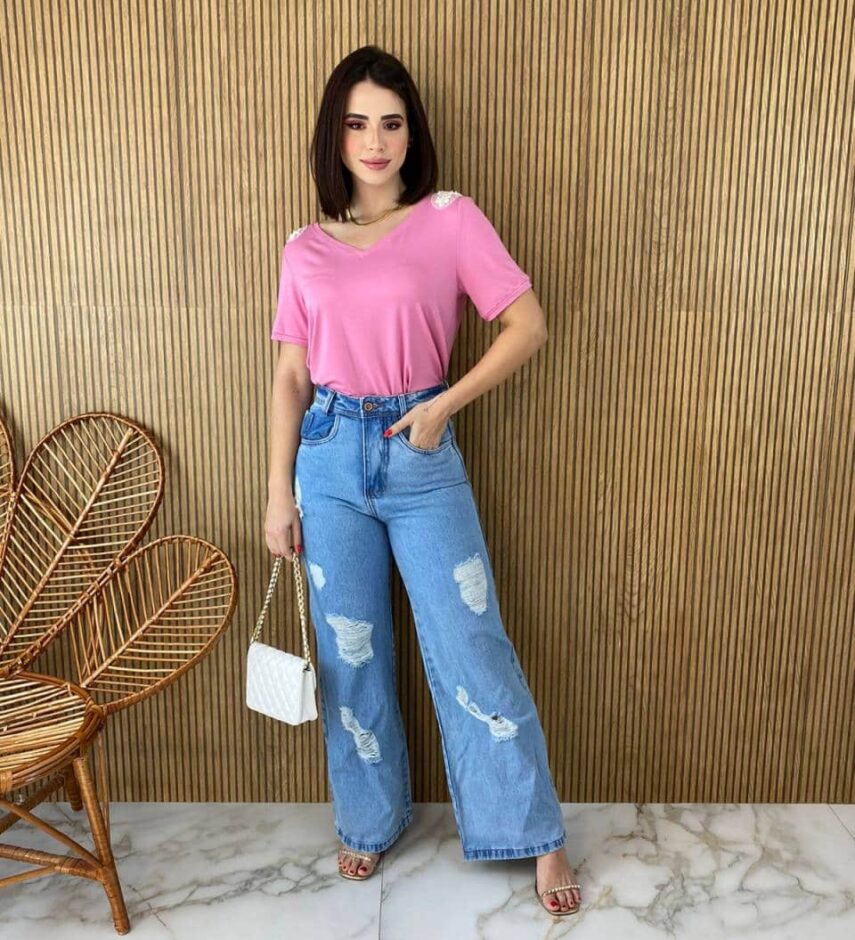 Blusa Manga Curta Feminina com Aplicações Rosa Fernanda Ramos Store