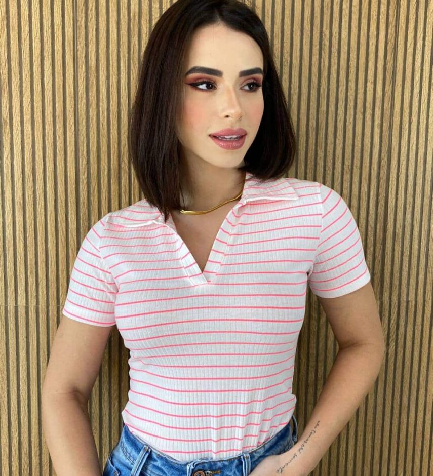 Blusa Manga Curta Feminina Polo Listrada Pink Flúor Fernanda Ramos Store