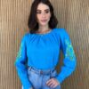 Blusa Manga Longa Feminina com Detalhe Vazado nas Mangas Azul - Fernanda Ramos Store