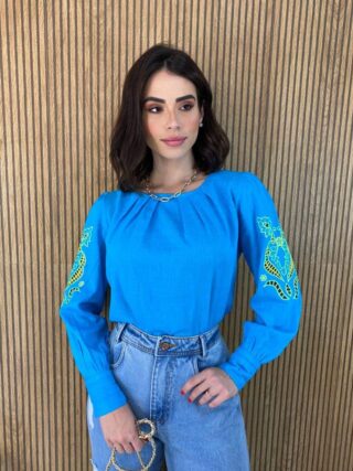 Blusa Manga Longa Feminina com Detalhe Vazado nas Mangas Azul - Fernanda Ramos Store