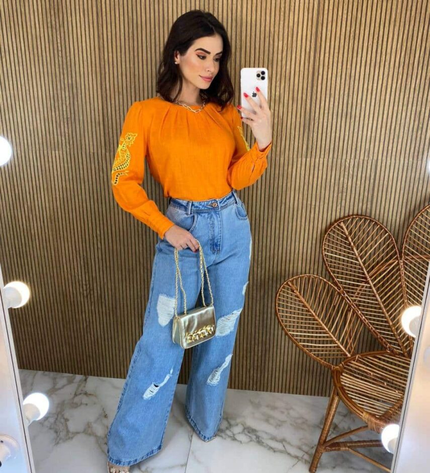 Blusa Manga Longa Feminina com Detalhe Vazado nas Mangas Laranja - Fernanda Ramos Store