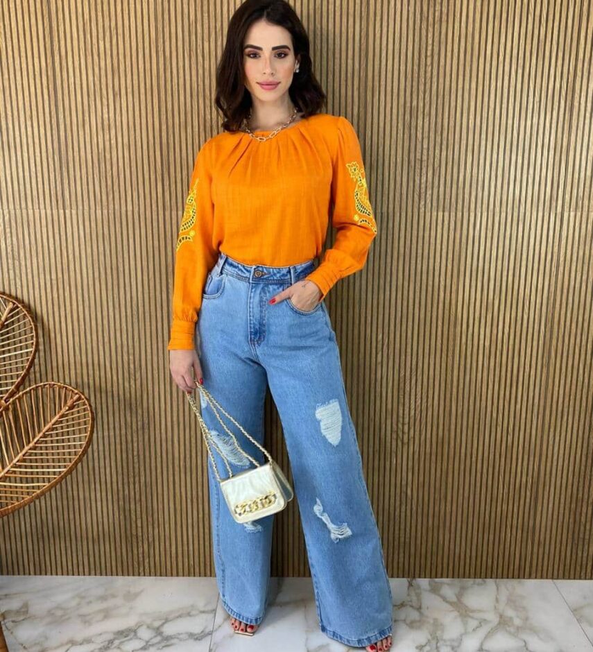 Blusa Manga Longa Feminina com Detalhe Vazado nas Mangas Laranja - Fernanda Ramos Store