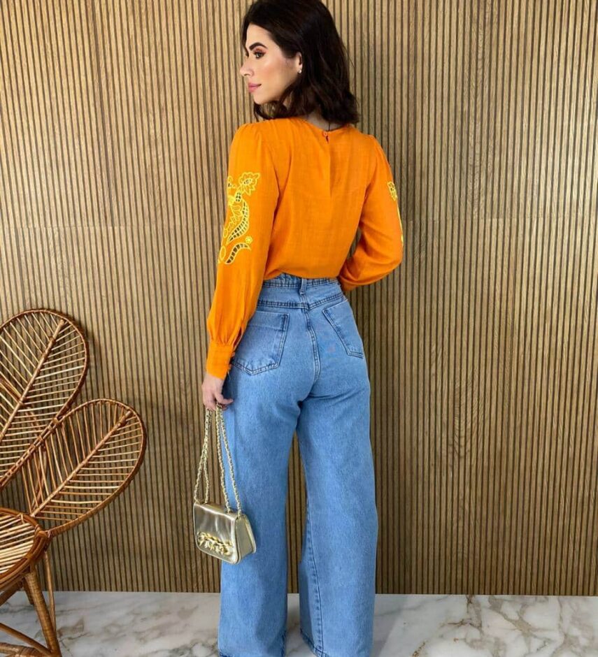 Blusa Manga Longa Feminina com Detalhe Vazado nas Mangas Laranja - Fernanda Ramos Store