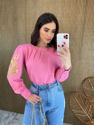 Blusa Manga Longa Feminina com Detalhe Vazado nas Mangas Rosa - Fernanda Ramos Store