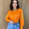 Blusa Manga Longa Feminina com Detalhe Vazado nas Mangas Laranja - Fernanda Ramos Store