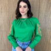 Blusa Manga Longa Feminina com Detalhe Vazado nas Mangas Verde - Fernanda Ramos Store