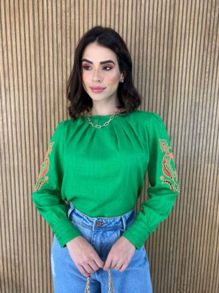 Blusa Manga Longa Feminina com Detalhe Vazado nas Mangas Verde - Fernanda Ramos Store