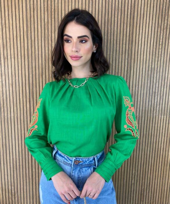 Blusa Manga Longa Feminina com Detalhe Vazado nas Mangas Verde - Fernanda Ramos Store