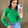 Blusa Manga Longa Feminina com Detalhe Vazado nas Mangas Verde - Fernanda Ramos Store