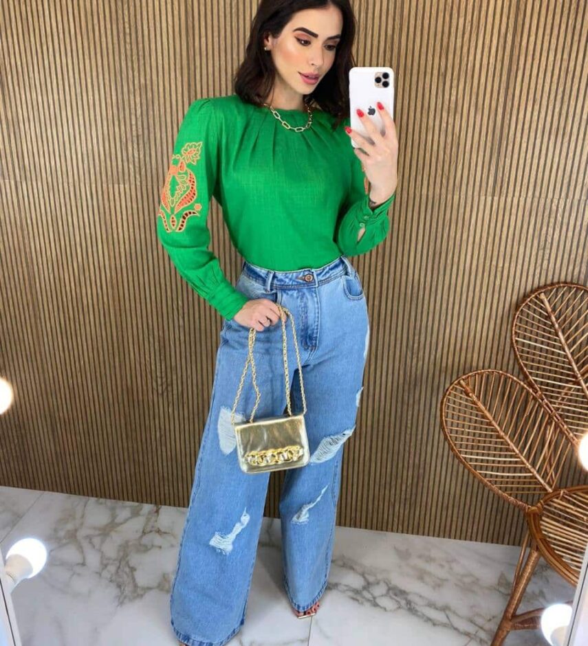 Blusa Manga Longa Feminina com Detalhe Vazado nas Mangas Verde - Fernanda Ramos Store