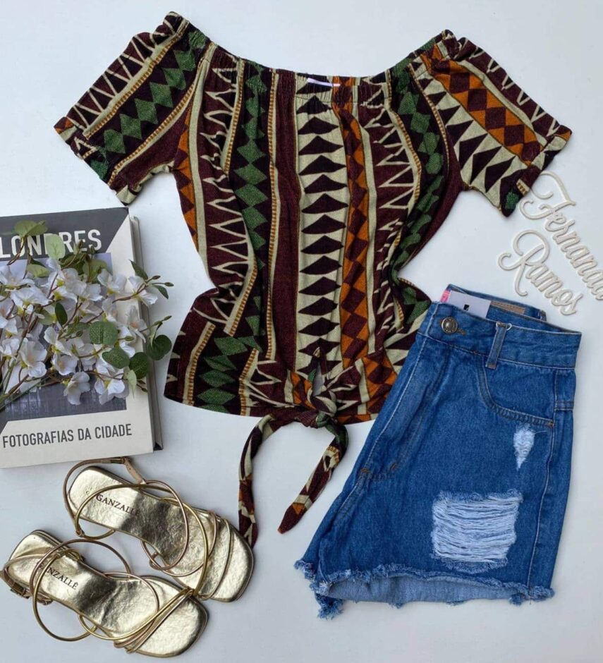 Blusa Ombro a Ombro Estampada com Amarração Fernanda Ramos Store