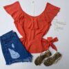Blusa Ombro a Ombro Salmão com Amarração Fernanda Ramos Store