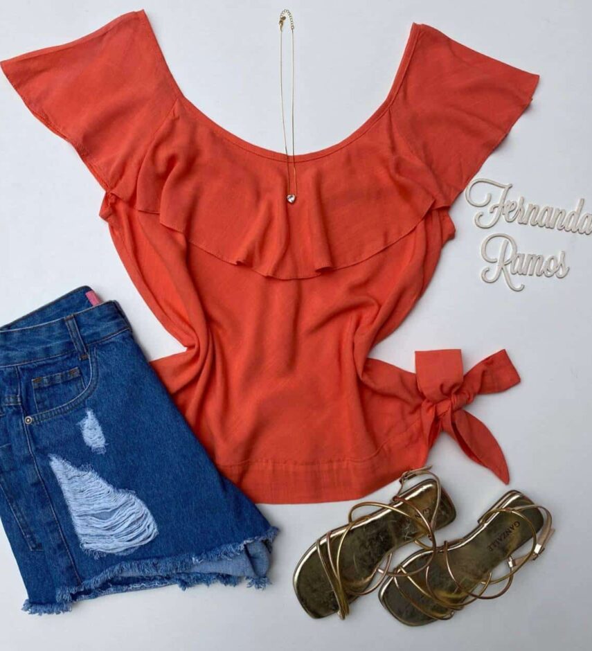 Blusa Ombro a Ombro Salmão com Amarração Fernanda Ramos Store