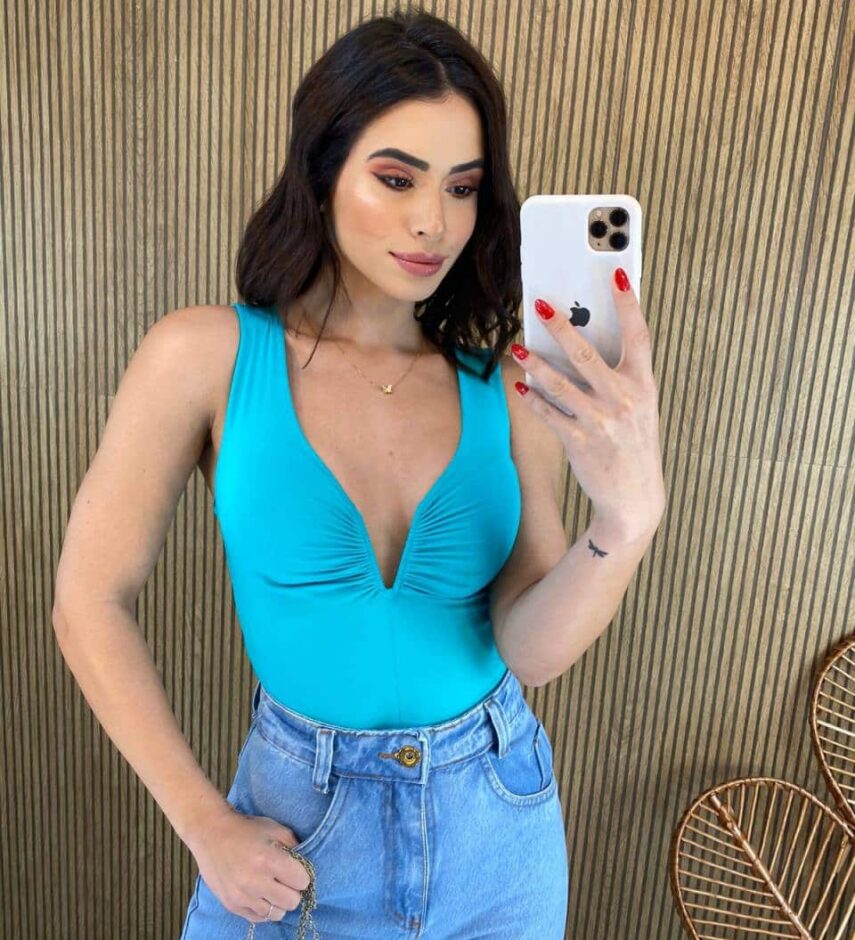 Body com Bojo com Decote V Azul Piscina - Fernanda Ramos Store