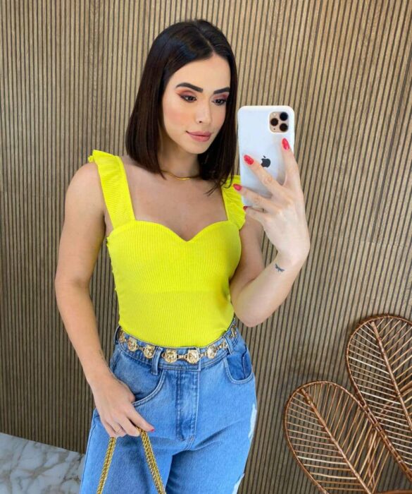 Body Feminino com Bojo Canelado Alça com Babado Amarelo Fernanda Ramos Store