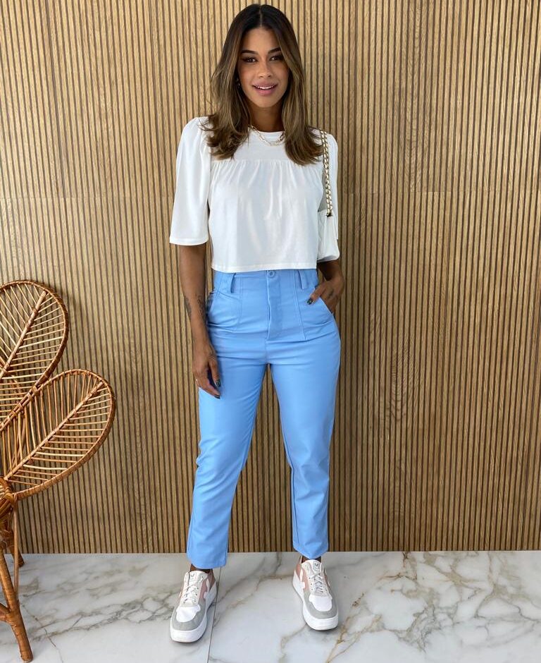 Calça Couro Eco Feminina com Passantes Azul - Fernanda Ramos Store