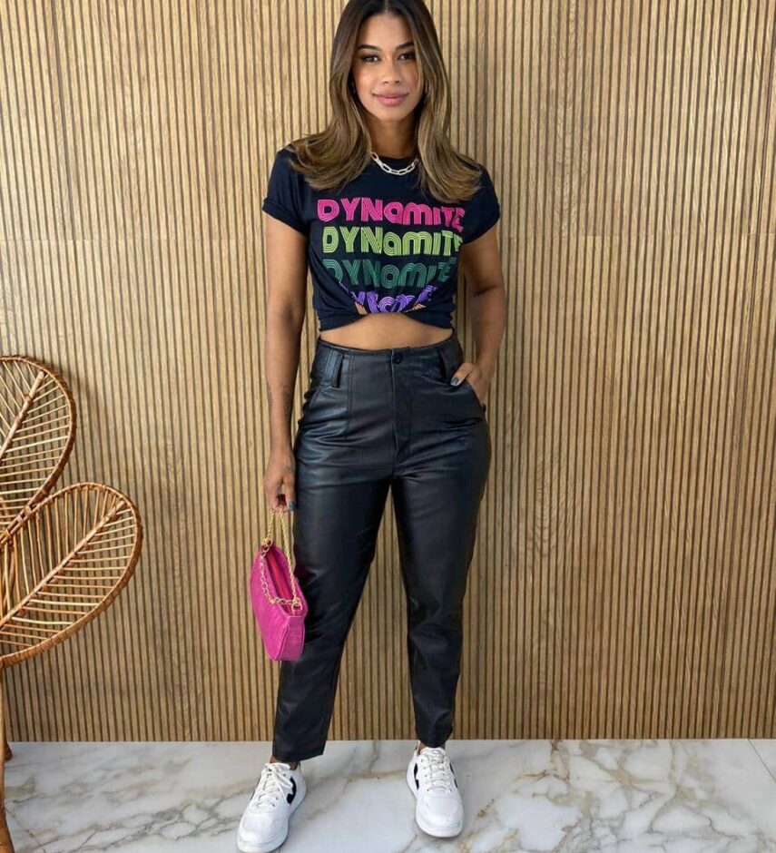 Calça Couro Eco Feminina com Passantes Preta - Fernanda Ramos Store